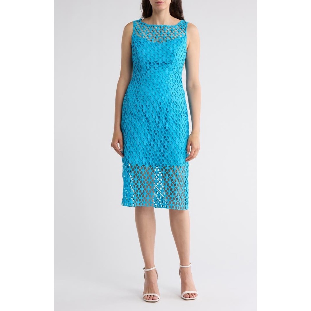 Trina Turk Turquoise Blue Geometric Crochet Sleeveless Sheath Dress Size 8 NEW